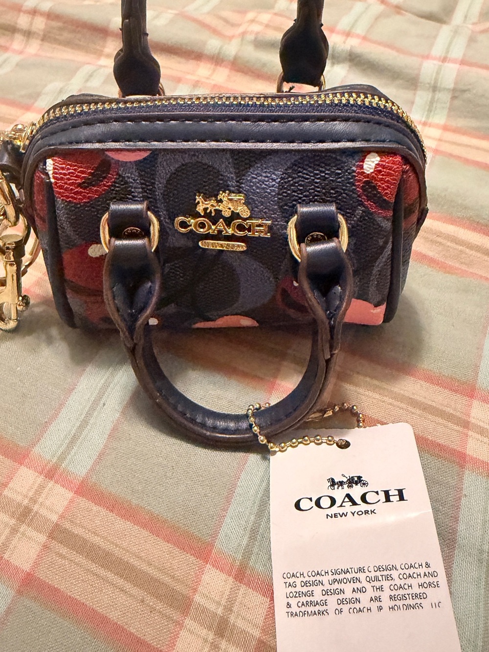 Coach Mini Bag keychain in Navy with Pink & Red Accents